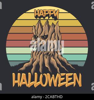 legno albero tramonto retro felice halloween vettore illustrazione per il vostro azienda o marchio Illustrazione Vettoriale