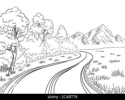 Mountain Road grafico nero bianco disegno paesaggio vettore illustrazione Illustrazione Vettoriale
