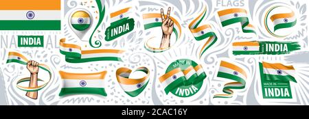 Insieme vettoriale della bandiera nazionale dell'India in vari disegni creativi Illustrazione Vettoriale