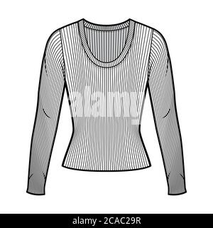 Maglione a maglia con manico a coste, illustrazione tecnica della moda a maniche lunghe, forma aderente. Modello di abbigliamento da outwear piatto, colore bianco. Donna uomo, maglia unisex top mockup CAD Illustrazione Vettoriale