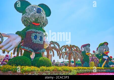 DUBAI, Emirati Arabi Uniti - 5 MARZO 2020: Miracle Garden attrae piccoli visitatori con i loro personaggi Walt Disney preferiti, come Topolino o Huey, Dewey, L. Foto Stock