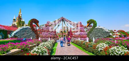 DUBAI, Emirati Arabi Uniti - 5 MARZO 2020: Panorama del vicolo del Giardino dei Miracoli con aiuole di petunie e installazioni di cigni floreali, il 5 marzo a Dubai Foto Stock