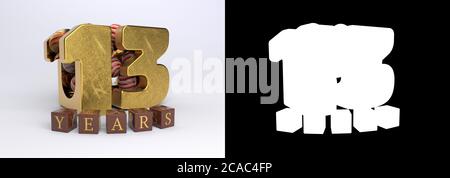 Numero 13 (numero tredici) anniversario celebrazione disegno con candies rotondo e l'iscrizione anni da cubi su uno sfondo bianco con ombra A. Foto Stock