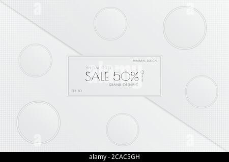 Bianco vendita minima disegno cerchio forma sovrapposizione strato stile mezzitoni. Illustrazione vettoriale. Illustrazione Vettoriale