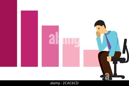 Triste uomo d'affari che si siede e guarda sul grafico in basso. Metafora per le aziende con scarse prestazioni. Illustrazione vettoriale isolata. Illustrazione Vettoriale