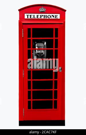 Telefono rosso pubblico inglese isolato su sfondo bianco Foto Stock