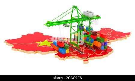 Concetto di spedizione del trasporto in Cina. Gru portuali con container sulla mappa cinese. Rendering 3D isolato su sfondo bianco Foto Stock