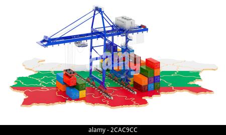 Trasporto merci in Bulgaria concetto. Gru portuali con container sulla mappa bulgara. Rendering 3D isolato su sfondo bianco Foto Stock