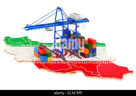 Trasporto di merci in Iran concetto. Gru portuali con container sulla mappa iraniana. Rendering 3D isolato su sfondo bianco Foto Stock