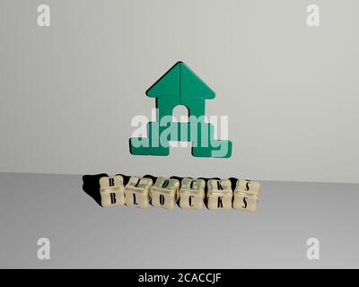 Rappresentazione 3D di blocchi con icona sulla parete e testo disposto da lettere cubiche metalliche su un pavimento a specchio per significato concettuale e presentazione slideshow. Sfondo e illustrazione Foto Stock