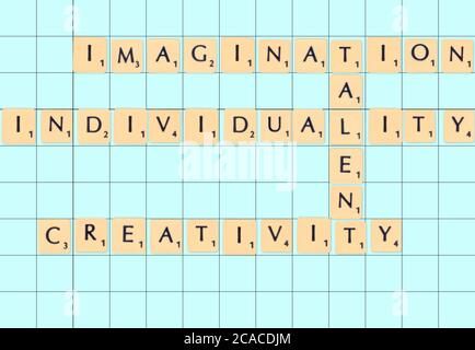 Piastrelle Scrabble create digitalmente su una tavola che mette in risalto talento, immaginazione, individualità e creatività Foto Stock
