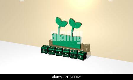 Rappresentazione in 3D di GERMOGLI con icona sulla parete e testo disposto da lettere cubiche metalliche su un pavimento a specchio per il significato concettuale e presentazione slideshow. Verde e illustrazione Foto Stock