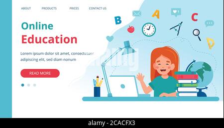 Modello di apprendimento online con la ragazza che studia con il computer. Illustrazione vettoriale in stile piatto Illustrazione Vettoriale