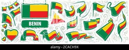 Insieme vettoriale della bandiera nazionale del Benin in vari disegni creativi Illustrazione Vettoriale