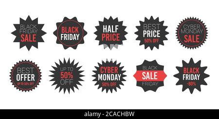 Set di adesivi starbst rotondi con vendita black friday - badge e etichette promozionali circolari con stelle e sole. Illustrazione Vettoriale