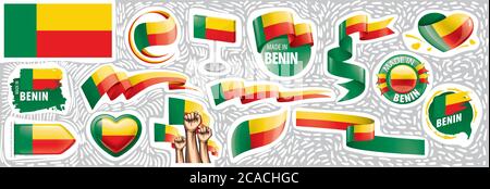 Insieme vettoriale della bandiera nazionale del Benin in vari disegni creativi Illustrazione Vettoriale