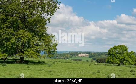 Vista estiva su Harewood Park - in base alla capacità Brown - verso Harewood House nello Yorkshire occidentale Foto Stock