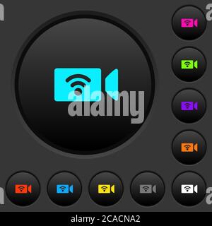 Pulsanti scuri della fotocamera wireless con icone dai colori vivaci su sfondo grigio scuro Illustrazione Vettoriale
