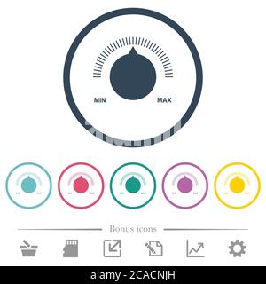 Controllo del volume con didascalie icone a colori piatte in contorni rotondi. 6 icone bonus incluse. Illustrazione Vettoriale