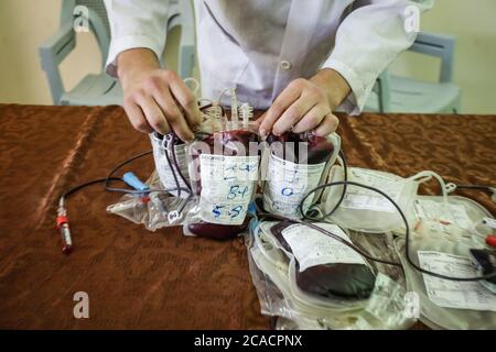 Gaza, Palestina. 05 agosto 2020. Un operatore sanitario è visto con sacche di sangue donate dai palestinesi per i feriti dopo l'esplosione del Libano. I palestinesi donano sangue durante un evento organizzato dal comune, dalla Mezzaluna Rossa e dal Ministero della Salute a Khan Yunis nella striscia di Gaza meridionale, A sostegno del Libano dopo una massiccia esplosione che ha scosso la sua capitale. Credit: SOPA Images Limited/Alamy Live News Foto Stock