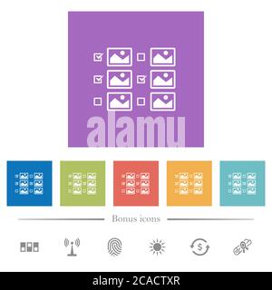 Selezione di più immagini con caselle di controllo piatte icone bianche in sfondi quadrati. 6 icone bonus incluse. Illustrazione Vettoriale