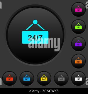 tavolo pensile con pulsanti scuri 24 ore su 24, 7 giorni su 7, con icone dai colori vivaci su sfondo grigio scuro Illustrazione Vettoriale
