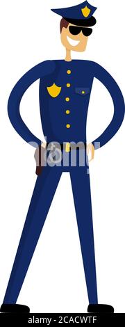 Poliziotto in uniforme blu con cappuccio. COP in piedi con le mani sulla cintura. Personaggio cartoon ufficiale della polizia. Custode dell'ordine. Illustrazione vettoriale Illustrazione Vettoriale