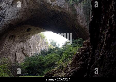 Vista prospettica della grotta Devetaki in Bulgaria con vegetazione verde della foresta e apertura rotonda nel soffitto di roccia Foto Stock