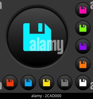 Salva dati pulsanti scuri con icone di colori vivaci su sfondo grigio scuro Illustrazione Vettoriale