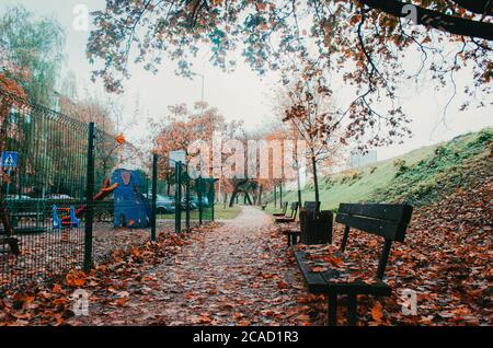 Percorso desertato con auto parcheggiate e panchine coperte da foglie secche d'autunno nel pomeriggio. Foto Stock