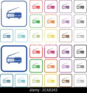 Orologio radio vintage con icone piatte in cornici quadrate arrotondate. Versioni sottili e spesse incluse. Illustrazione Vettoriale