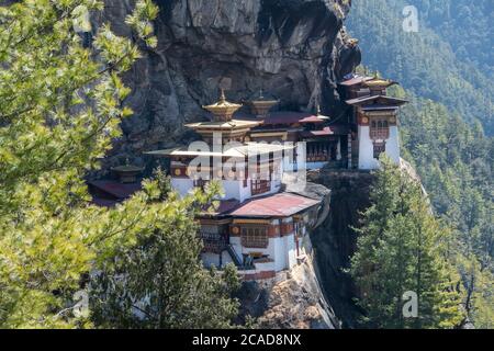 Bhutan, Paro. Taktshang Goemba o Monastero di Tiger’s Nest, uno dei siti religiosi più sacri del Bhutan. Foto Stock