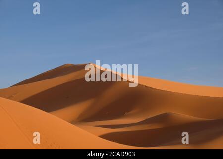 Montagne del deserto del Sahara marrone sotto il sole. Skyline blu. Vicino a Merzouga in Marocco. Grandangolo Foto Stock