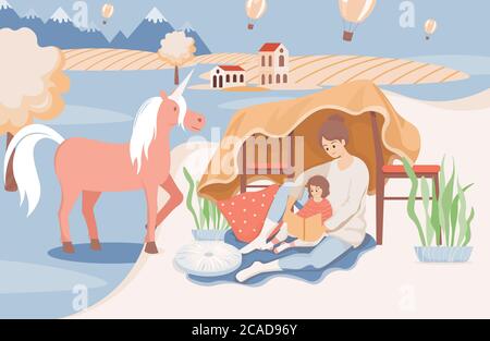 Felice madre sorridente che legge un libro a sua figlia prima di andare a dormire vettore flat illustrazione. Donna che legge le storie di addormentarsi, ragazza che sogna di unicorni. Concetto di tempo familiare. Illustrazione Vettoriale