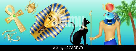 Banner con simboli egiziani. Cartoni animati con faraone, Horus, gatto nero e scarabeo su sfondo blu. Illustrazione vettoriale in stile piatto Illustrazione Vettoriale