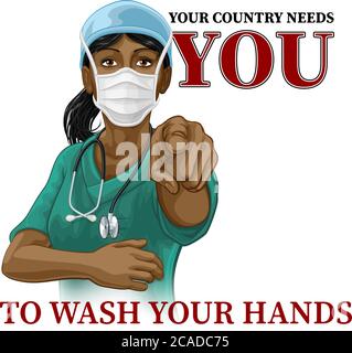 Medico infermiere Donna ha bisogno di lavarsi mani puntando Illustrazione Vettoriale
