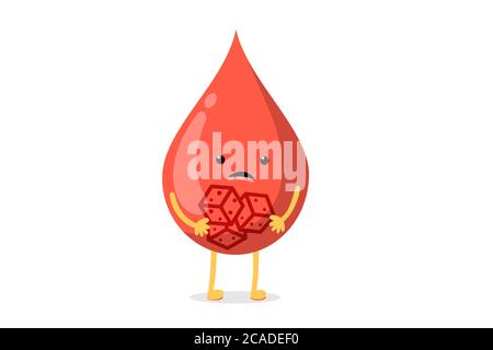 Sangue goccia triste carattere malato con pezzi di zucchero all'interno. Analisi del concetto di glucosio nel sangue. Giornata mondiale del diabete. Illustrazione vettoriale Illustrazione Vettoriale