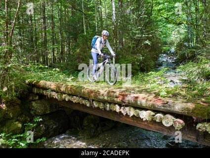 Oberammergau, Germania, 5 agosto 2020. Mountain bike godere del paesaggio e la vista panoramica sul sentiero fino a un rifugio. © Peter Schatz/Ala Foto Stock