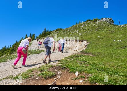 Pfronten, Germania, 28 luglio 2020, Hiker, mountain bike e parapendio godere della vista panoramica sul sentiero fino al rifugio Ostler Huette su Bre Foto Stock