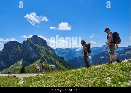 Pfronten, Germania, 28 luglio 2020, Hiker, mountain bike e parapendio godere della vista panoramica sul sentiero fino al rifugio Ostler Huette su Bre Foto Stock