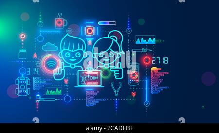 Ingegneria elettronica e apprendimento della programmazione hardware per gli adolescenti. Ragazzo e ragazza che codifica sul laptop in una scuola online per l'educazione dei bambini di creare Illustrazione Vettoriale
