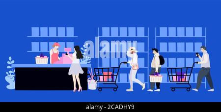 Raccolta di persone che trasportano acquisti in negozio. Illustrazione Vettoriale