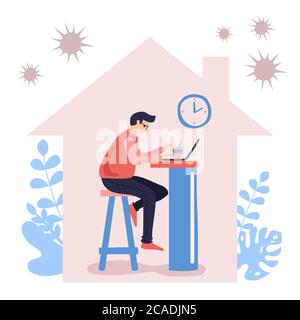Lavoro da casa durante la comparsa del virus COVID-19. Le persone lavorano a casa per prevenire l'infezione da virus. Illustrazione vettoriale Illustrazione Vettoriale