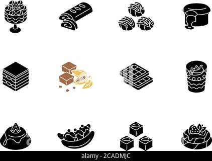 Dessert famosi in tutto il mondo icone glifo nero ambientato nello spazio bianco. Dolci tradizionali. Delizia turca. Torta di lava al cioccolato. Brownie. Tiramisù. Silhouette s Illustrazione Vettoriale