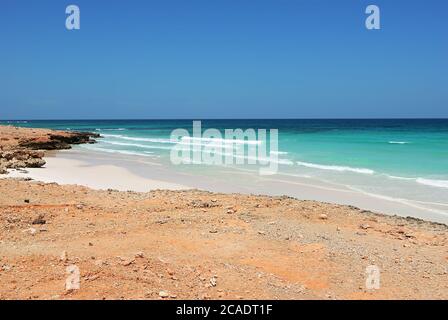 La splendida spiaggia di sabbia vicino a Dihamri sulla costa indiana dell'oceano sull'isola di Socotra, Yemen, Africa Foto Stock