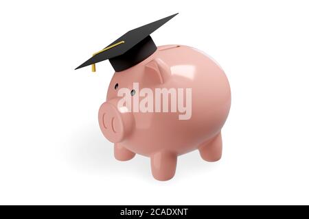 Banco di piggy con tappo graduato isolato su sfondo bianco. Concetto di risparmio. illustrazione 3d. Foto Stock