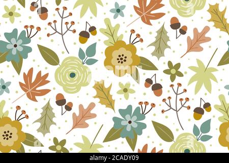 Motivo floreale autunnale senza cuciture. Fiori colorati disegnati a mano, foglie e rami isolati su sfondo bianco. Illustrazione vettoriale. Illustrazione Vettoriale