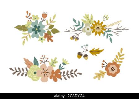 Decorazione floreale d'epoca per l'autunno. Elementi isolati. Illustrazione vettoriale disegnata a mano. Illustrazione Vettoriale