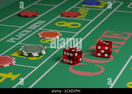 Due dadi su un tavolo di craps accanto ad alcuni chip. illustrazione 3d. Foto Stock