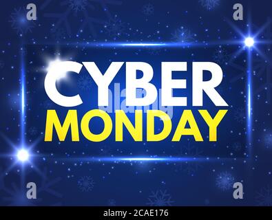 Banner di vendita del Cyber Monday. Promozione buona offerta. Cartello luminoso, pubblicità notturna. Concetto di vendita annuale. Design del Cyber Monday per sito Web, poster, Illustrazione Vettoriale